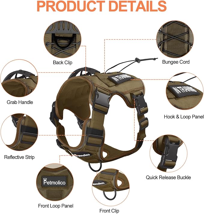 Petmolico Tactical Dog Harness with Leash, No Pull Dog Harness with Hook and Loop Panels for Hiking Training Military Service Dog Harness with Patches for Medium Dogs, Brown M