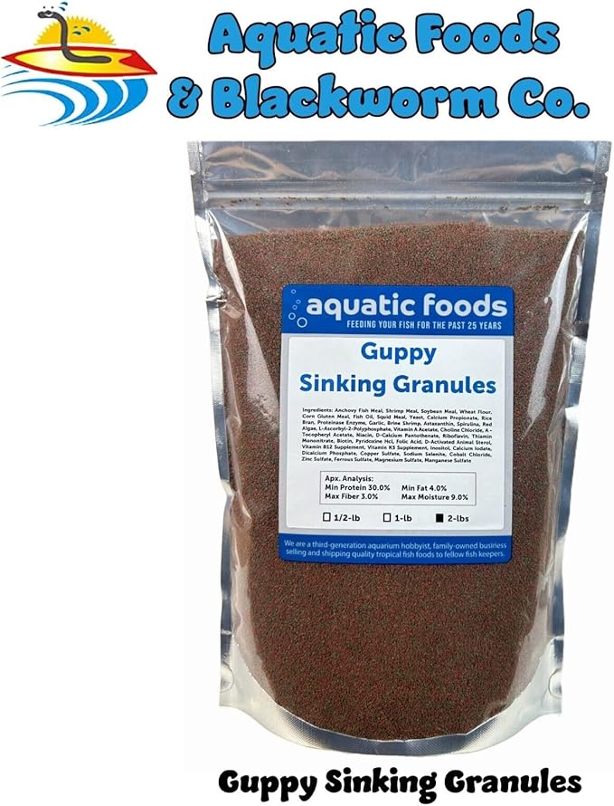 Aquatic Foods Inc. Guppy Micro Sinking Granules, Color Enhancing and Spirulina Mix for Guppies, Tetras, All Baby Cichlids...WL…2-lbs Foil Pouch Bag