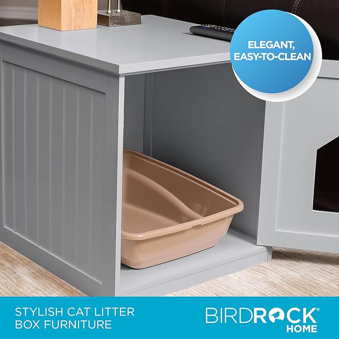 BIRDROCK HOME Decorative Cat House & Side Table | Grey Nightstand | Indoor Pet Crate | Litter Box Enclosure | Hooded Hidden Pet Box | Cats Furniture Cabinet | Kitty Washroom