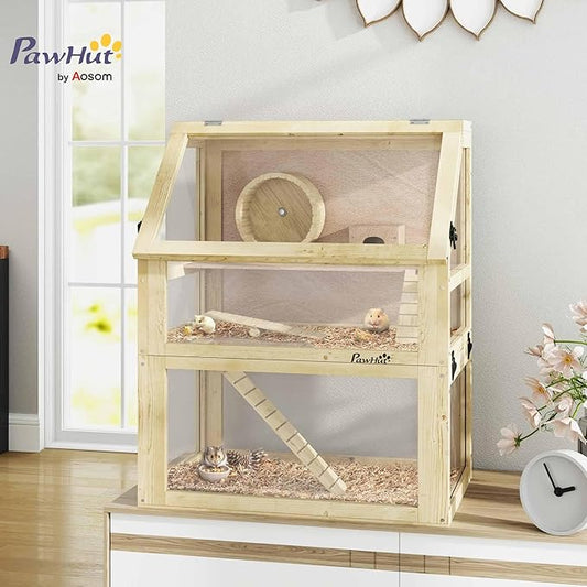PawHut Wooden Hamster Cage, 3 Tier Small Animal Cage with Detachable 12.6" Deep Bottom, Hut, Seesaw, Exercise Wheel, Ramps, Hamster Habitat for Dwarf, Gerbil, 24" x 16" x 29.5"