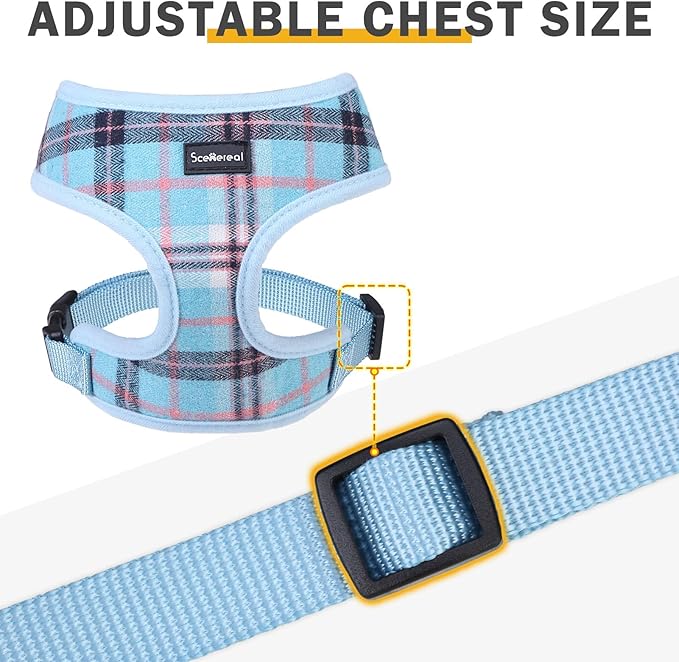SCENEREAL Puppy Dog Harness with Leash Set for Small Medium Sized Dogs, Soft Mesh Step in Pet Harnesses and Leash, No Chock Plaid Adjustible No Pull Vest for Dogs Cats, Chihuahua,Bulldog (Blue XS)