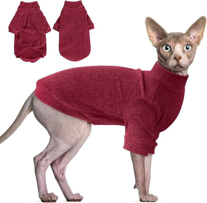 Idepet Sphynx Hairless Cats Sweater Shirt Kitten Soft Puppy Clothes Pullover Cute Cat Pajamas Jumpsuit Cotton Apparel Pet Winter Turtleneck for Cats and Teacup Chihuahua Small Dogs(Red,XXL)