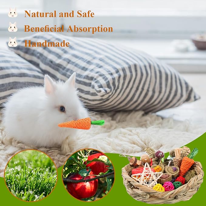 Rabbit Chew Toys for Teeth, Natural Wood Sticks Timothy Grass Chew Bunny Treat Toys for Rabbit Guinea Pig Hamster Chinchilla Gerbil