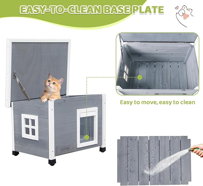 Outdoor Wooden Pet House, Weatherproof Winter Shelter for Dogs and Cats, Elevated Design with Window (Gray)