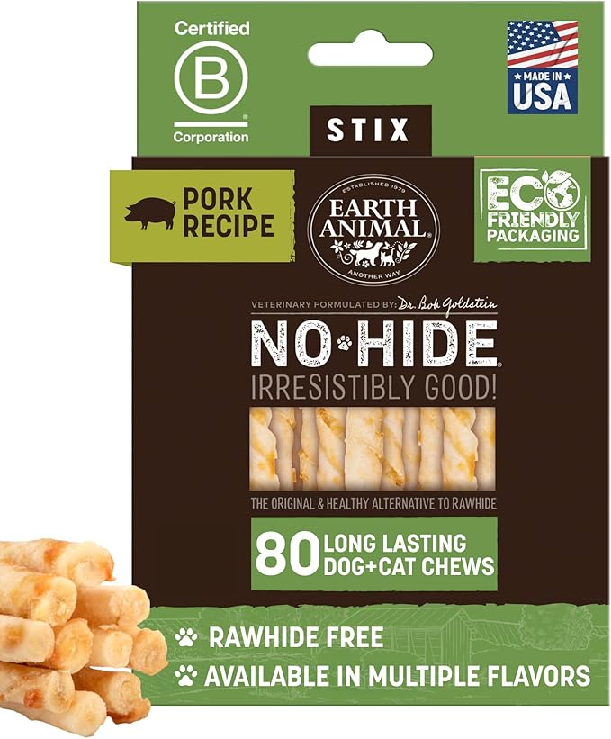 Earth Animal No-Hide Stix Pork Recipe Natural Rawhide Alternative Dog & Cat Chews - 80 Count Extra Value Pack