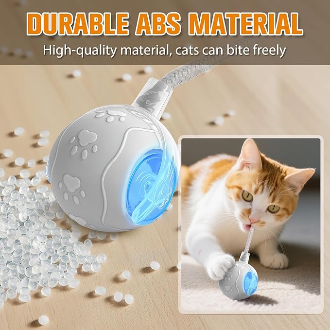 Interactive Cat Toys for Indoor,Automatic Moving Electric Rolling Pet Ball,Smart Teasing Toy for Kitty,3 Modes and USB Rechargeable,Tail 2.0 Cat Feather Toy Gray