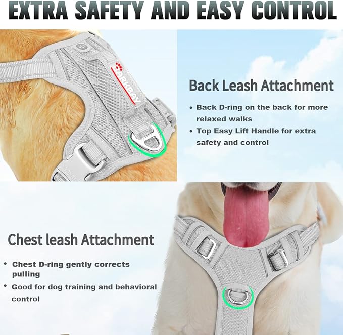 BARKBAY No Pull Dog Harness Large Reflective Dog Harness with Front Clip and Easy Control Handle for Walking Training Running with ID tag Pocket(Grey,M)