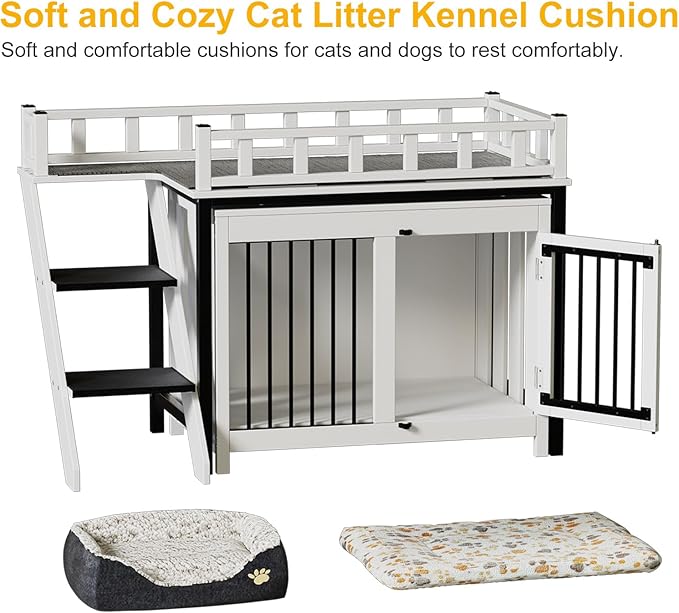 PakaLife Loft-Style Dog Crate Furniture with Double Doors, Heavy Duty Dog Kennel Indoor for Medium and Large Dogs, Wooden Pet House with Multi-Purpose Blanket and Fluffy Dog Bed