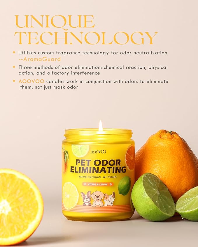AOOVOO Pet Odor Eliminator Candle - 2 Pack Citrus Lemon Odor Eliminating Candle, Highly Fragranced Air Freshing Scented Candles, Natural Soy Wax, 18 oz