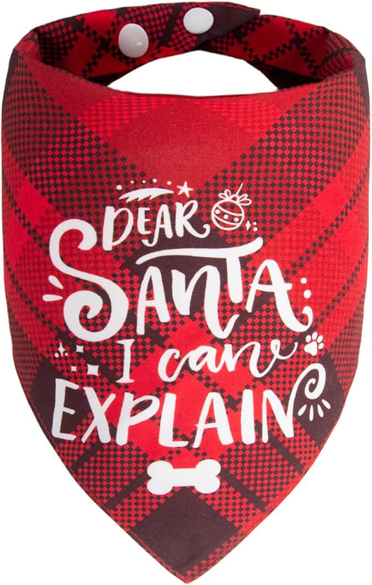 Christmas Dog Bandanas Funny Holiday Stocking Stuffers Pet Scarf Naughty & Nice Gifts Idea, Dear Santa I Can Explain, Red Plaid, Medium & Large Breed, 30-75lbs