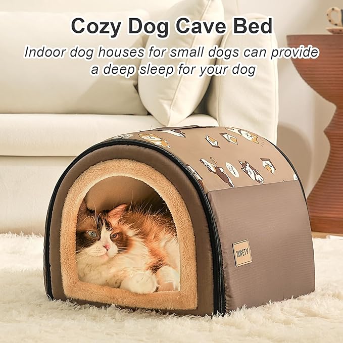 Jiupety Cozy Small Pet Dog House, 2 in 1 Puppy House, S Size for Cat and Puppy, Warm Cave Sleeping Nest for Cats and Dogs, S(14"×12"×11"), Up to 5 Lb, Brown