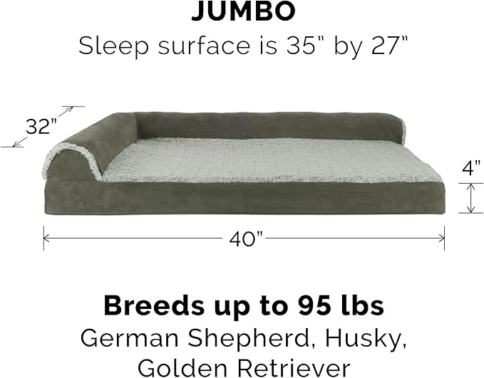 Furhaven Orthopedic Dog Bed for Large Dogs w/ Removable Bolsters & Washable Cover, For Dogs Up to 95 lbs - Two-Tone Plush Faux Fur & Suede L Shaped Chaise - Dark Sage, Jumbo/XL