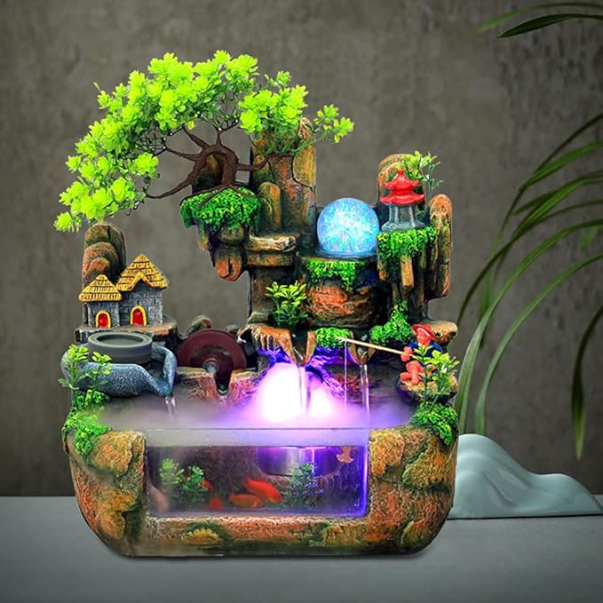 Tabletop Waterfall Fountain with Rockery, Mini Silent Indoor Ornament Desk Water Fountain Desktop Simulation Resin with Atomizer LED Small Fish Tank for Office Bedroom Home Decor Fisherman