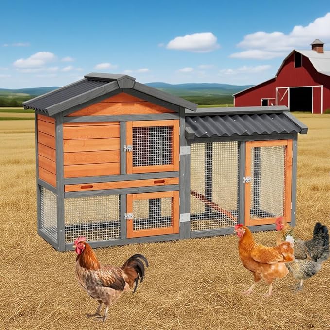 Chicken coop, Chicken Run,Small Wooden Duck Coop Outdoor 2-Tier Hen House All Weather Used Poultry Quail Cage Rabbit Pet Hutch House with Ramp for Small Animals-Expandable Design (Brown with Black)