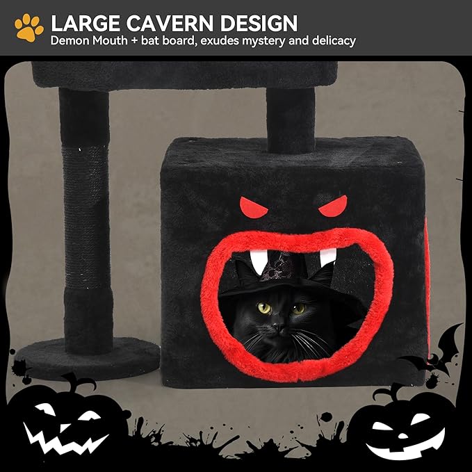 YITAHOME Gothic Cat Tree with Coffin Bed, 38.6" Indoor Cat Tower Featuring Spacious Condo, Spider Hanging Ball, Scratching Post, Black Halloween
