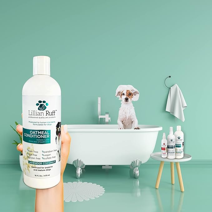 Lillian Ruff PRO Formula Oatmeal Dog Conditioner - Nourishing & Calming Relief for Allergies & Sensitive Skin - Detangles, Softens & Adds Shine with Oatmeal, Coconut Oil & Lavender - USA (16oz+Brush)