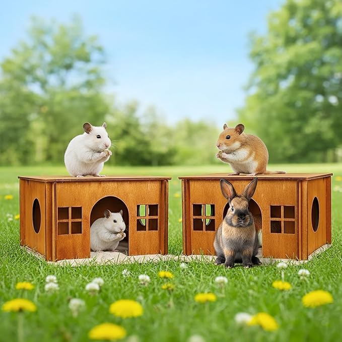 Upgraded Guinea Pig Hideout, Brown Chinchilla House with Windows, Hamster Cage Accessories for Small Animal Houses & Habitats, Wood Hamster Hideout with Cushion, Guinea Pig House for Rabbit, Hedgehog