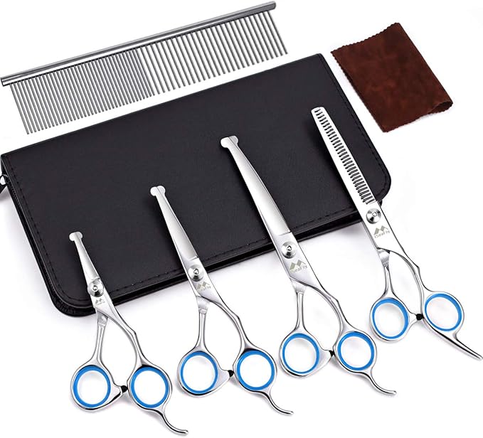 Dog Scissors with Round Tip, 6 in 1 Dog Grooming Kit, Stainless Steel Pet Grooming Scissors for Full Body, Face, Nose, Ear and Paw (Blue)