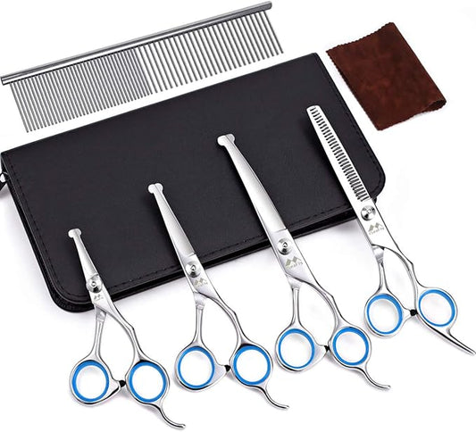Dog Scissors with Round Tip, 6 in 1 Dog Grooming Kit, Stainless Steel Pet Grooming Scissors for Full Body, Face, Nose, Ear and Paw (Blue)