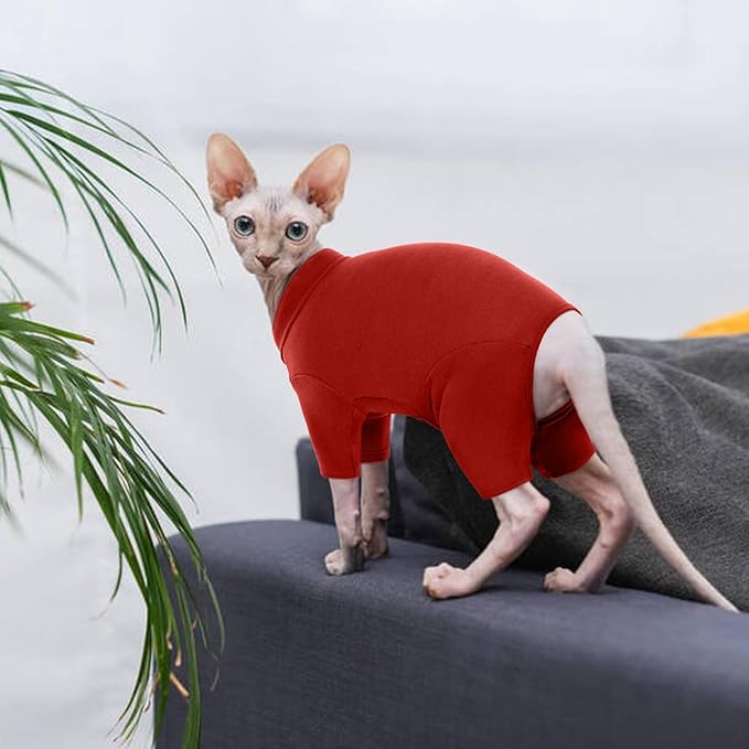 ROZKITCH Hairless Cat Clothes, Breathable Soft Cat Jumpers for Cats Only, Cat Coat with Four Legs, Warm Cat Sweater Cat T-Shirt Cat Pajamas Jumpsuit Vest Cornish Rex Devon Rex Peterbald Red M