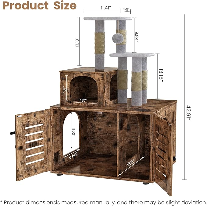 DKLGG Cat Tree with Litter Box Enclosure, Modern Cat Condo, Indoor Cat Tower with Litter Box Enclosure Wood House w/Sisal Scratching Post, Plush Perch Platform & Divided Condo (Rustic Brown)