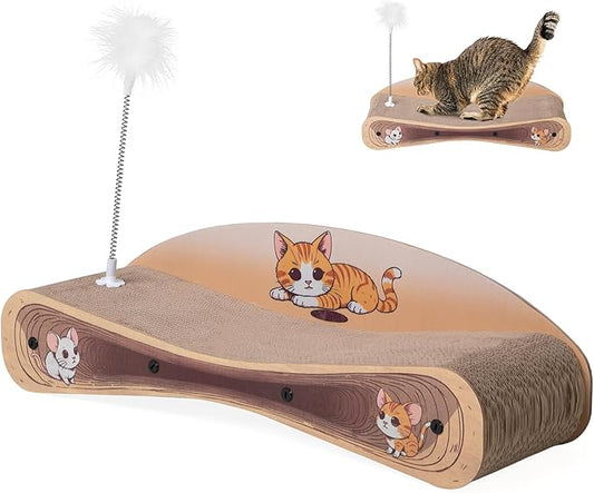 Cat Scratcher Lounge Bed, Reversible 2-in-1 Cardboard Scratching Board, Durable Curved Cat Scratch Pad for Indoor Cats with Toy, Cartoon Pattern