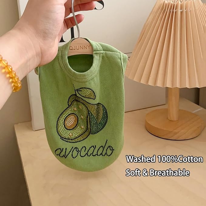 Washed Cotton Pet Vest with Rhinestone Fruit Designs, Soft & Stylish Small Dog Cat Vest for Spring Summer, Breathable & Shiny (Green-Avocado, Medium)