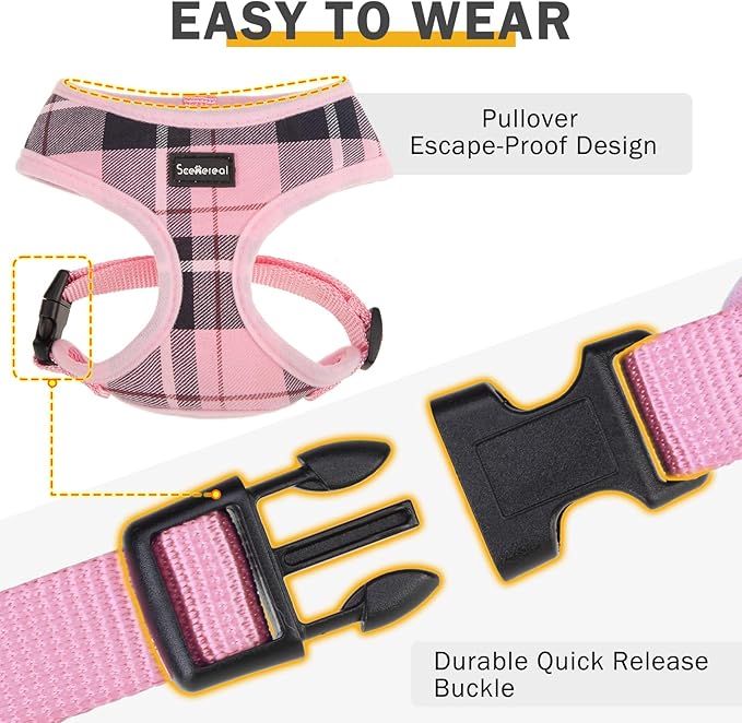 SCENEREAL Puppy Dog Harness with Leash Set for Small Medium Sized Dogs, Soft Mesh Step in Pet Harnesses and Leash, No Chock Plaid Adjustible No Pull Vest for Dogs Cats, Chihuahua,Bulldog (Pink M)