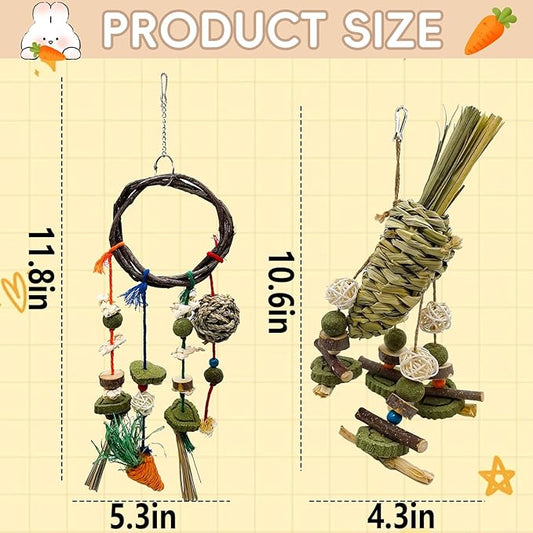 Rabbit Chew Toy, 2Pcs Bunny Cage Hanging Chew Toy & Treats,Natural Material Handwoven Chinchilla Rattan Ring Treats Toys for Guinea Pigs Hamsters Rats and Other Small Pets Teeth Grinding