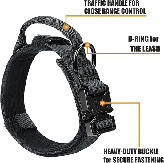 Tactical Dog Collar and Bungee Leash,Military Dog Collar & Leash Set with USA American Flag Adjustable K9 Collar with Heavy Duty Metal Buckle & Handle,with Patches and Airtags Case(XL, Black)