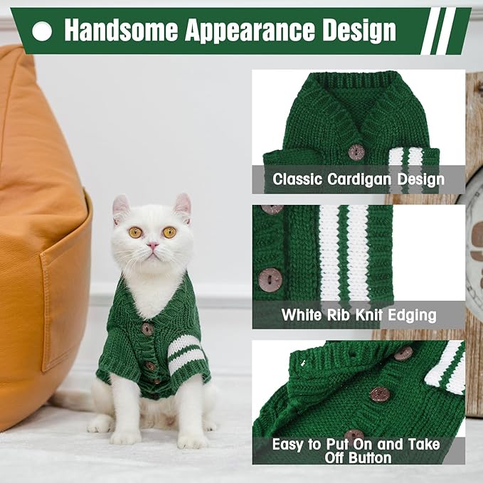 EXPAWLORER Cat Sweater Cardigan - Stylish Knitted Cat Clothes, British Style Soft Puppy Sweater with Sleeve Warm Pet Clothing Knitwear, Fall and Winter Kitten Coat for Girl Boy Cats, Green Small