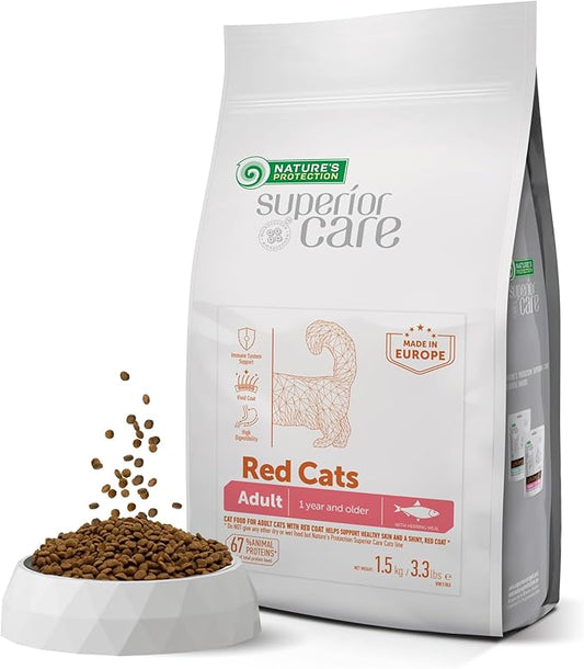 Nature's Protection Dry Cat Food - Grain Free, High Protein Cat Food Dry Kibble for Indoor Adult Cats with Red Fur - Sensitive Stomach, No Tear Stains & Hairball (Superior Care - Herring, 3.3 lb)