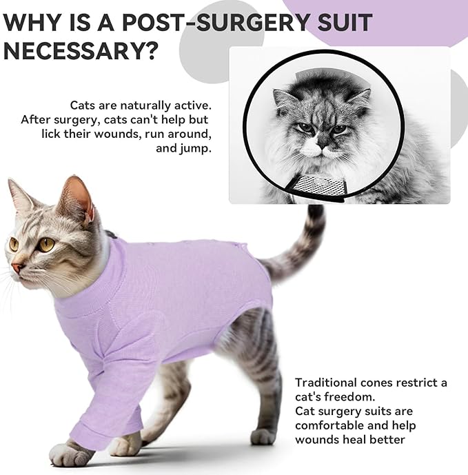 Cat Onesie for Cats After Surgery Male Female, Breathable & Soft Fabric Cats Spay Recovery Suit, Cone Alternative Surgical Suit with Leg Sleeves to Stop Licking, Cat Wound Care Shirt Wear(Purple, M)