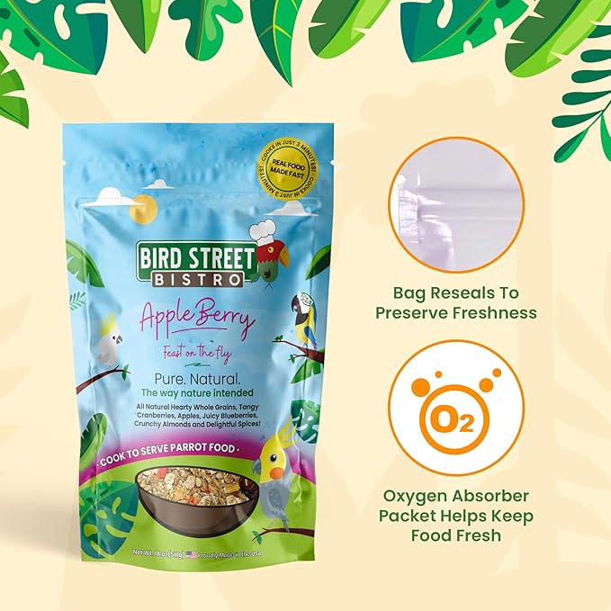 Parrot Food - Parakeet & Cockatiel Food - Cooks in 3-15 min with Natural & Organic Grains, Legumes, Non-GMO Fruits, Vegetables & Health-Oriented Spices