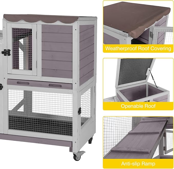 Aivituvin Rabbit Cage Indoor Bunny Hutch on Wheels Outdoor 2 Story Wood Guinea Pig House with 2 Deeper Pull Out Trays (Gray, 39" L x 22" W x 37" H)