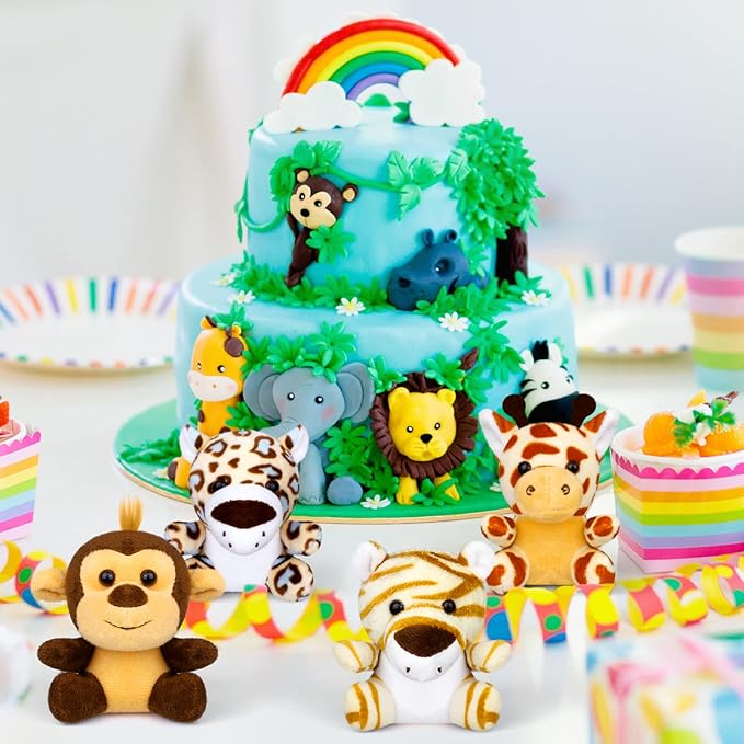 Elcoho 14 Pieces Safari Mini Jungle Animal Plush Toys Small Stuffed Forest Animals Plush Toys 3.75 Inch Keychain Decorations for Animal Themed Parties Goody Bags Filler Favors (Sitting)