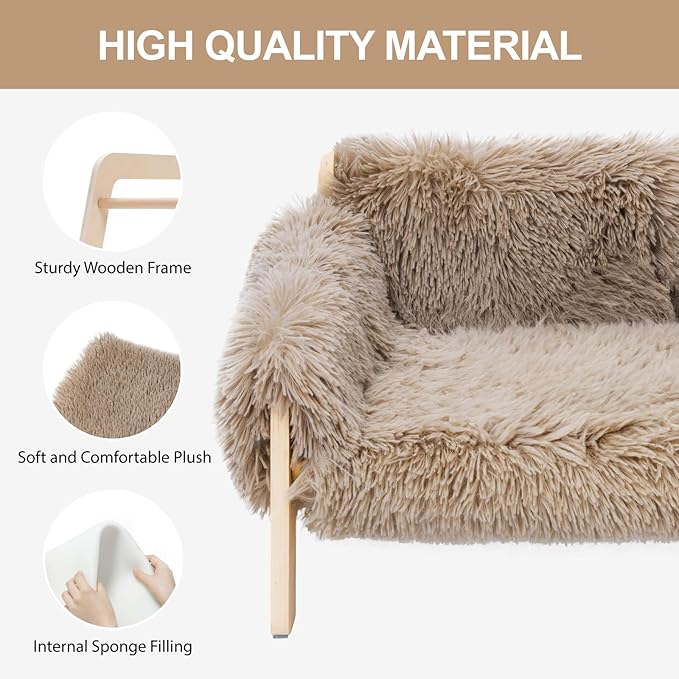 MEWOOFUN Cat Couch Bed, Pet Sofa for Indoor Cats Wooden Indoor Elevated Cat Beds with Removable Mattress Cover Suitable for Kitty, Puppy or Small Animal (Brown, Large)