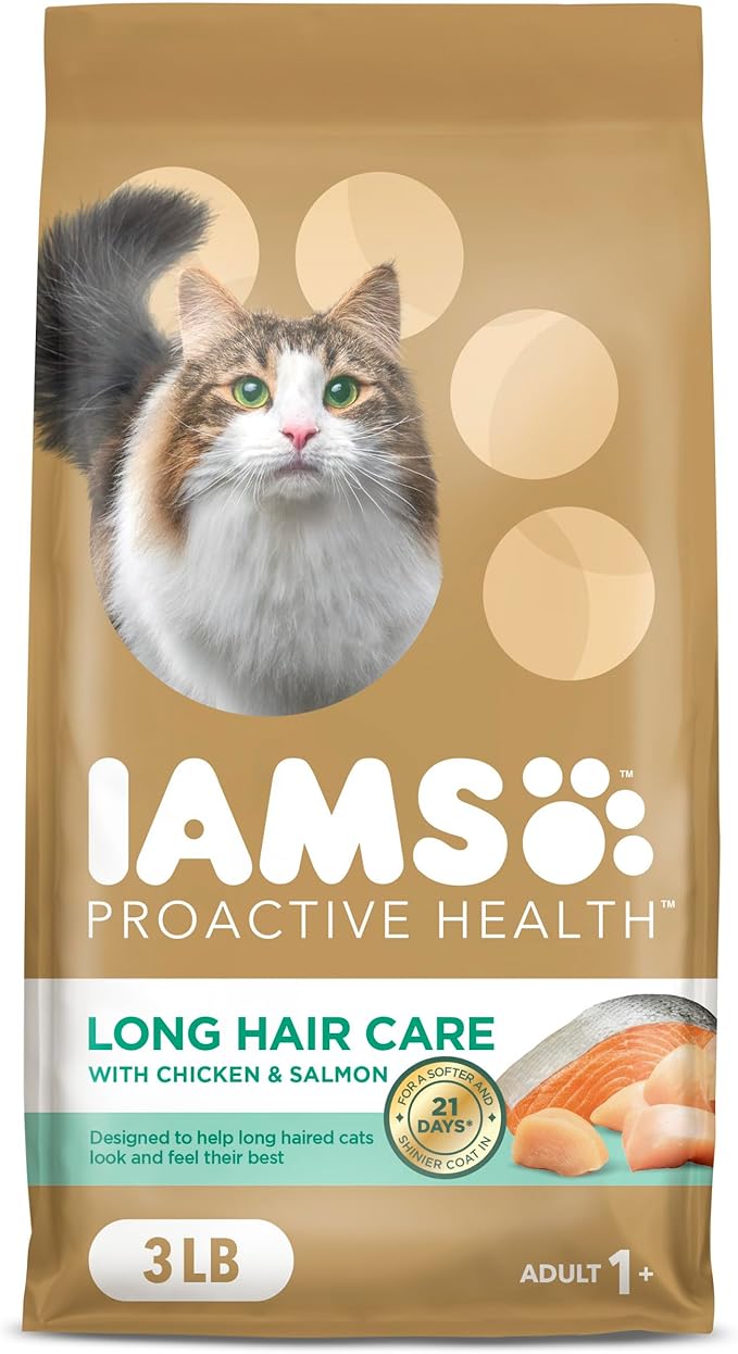 IAMS Proactive Health Long Hair Care Adult Dry Cat Food with Real Chicken & Salmon, 3 lb. Bag