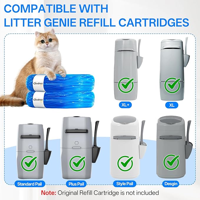 12 Pack Cat Litter Refill Bags Compatible with Litter Genie XL+/XL/Plus/Standard/Style/Desgin Pail, Extra10% Length 27 Months Use Time, 100% Odor Control, Cartridge NOT Included