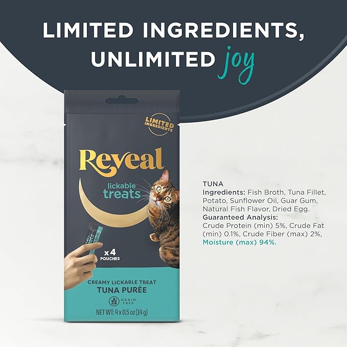 Reveal Natural Lickable Purée Cat Treats, Grain Free and Made with Limited Ingredients, Tuna Recipe Squeeze Up Cat Treats (40 x 0.5 oz Sachet Multipack)