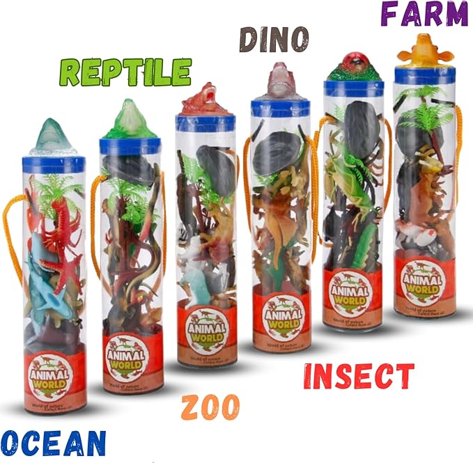 6 PACK Small Animal Figures Toys, 78 Pieces Realistic Mini Dinosaur Insect Sea Farm Reptile Wild Jungle Zoo Plastic Little Creatures Playset, Cake Topper Party Favors for Kids, Toddlers