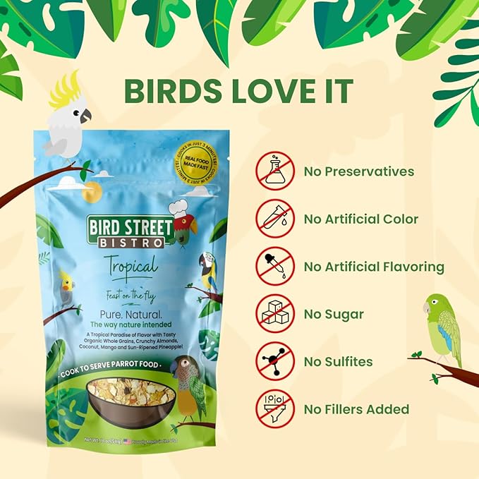 Parrot Food - Parakeet & Cockatiel Food - Cooks in 3-15 min with Natural & Organic Grains, Legumes, Healthy Fruits, Vegetables & Spices