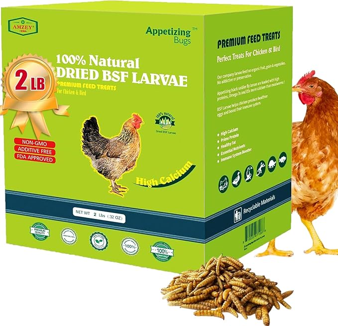 Amzey Dried Black Soldier Fly Larva/Dried Mealworms -2 LBS- 100% Natural BSF Larvae - 85XMore Calcium Than Mealworms - High Calcium Treats for Chickens, Birds, Reptiles, Hedgehog, Geckos, Turtles