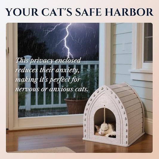 Apasiri Thermal Insulatef Cat Bed Cave for Indoor Cats: Felt Cat Scratcher House, Enclosed Cat Bed, Cat Shelter for Anxious Cats, Private Kitten Condo, Cat Hut No-Tool Assembly, 11.6x11.6x13.8 Inches