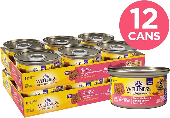 Wellness Complete Health Grilled, Adult Wet Cat Food, Natural, Protein-Rich, Grain-Free, Canned, 3 Ounce, 12 Pack, (Tuna, Mackerel & Shrimp Entrée Recipe)