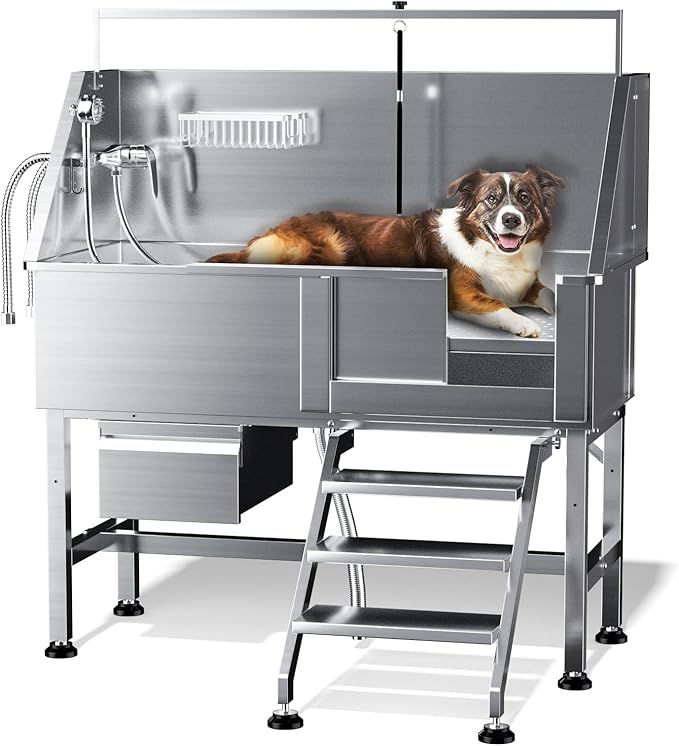 Dog Washing Station for Home,Professional 46" Stainless Steel Dog Bathing Station Height Adjustable Dog Wash Station Dog Grooming Tub Stair, Drawer, Floor Grate & Fauct (Right Stair)
