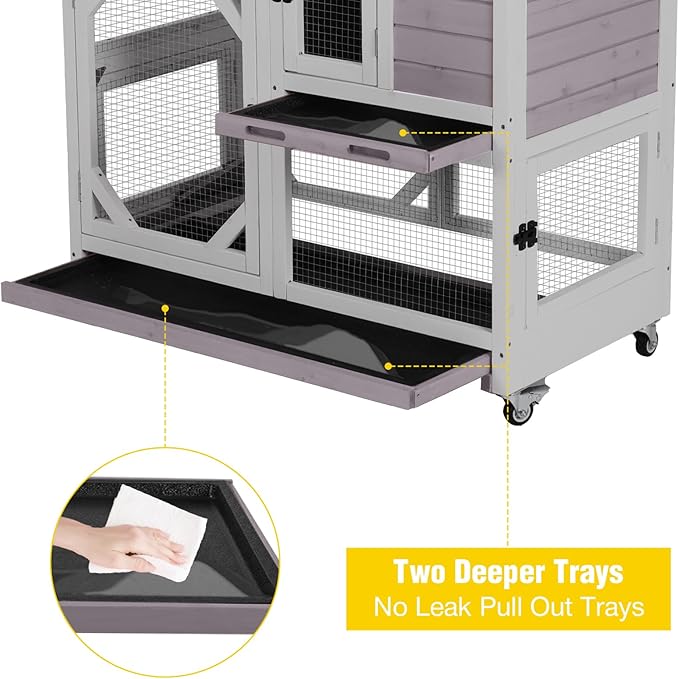 Aivituvin Rabbit Cage Indoor Bunny Hutch on Wheels Outdoor 2 Story Wood Guinea Pig House with 2 Deeper Pull Out Trays (Gray, 39" L x 22" W x 37" H)