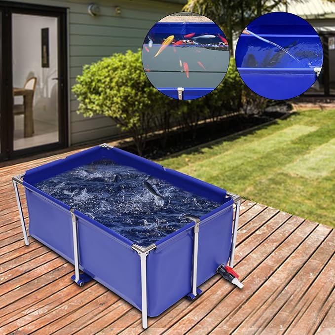 Canvas Fish Pond Foldable Above Ground Fish Aquarium Ornamental Swimming Pool Water Storage Tank with Drain Valve for Koi Goldfish Tank Breeding Indoor Outdoors