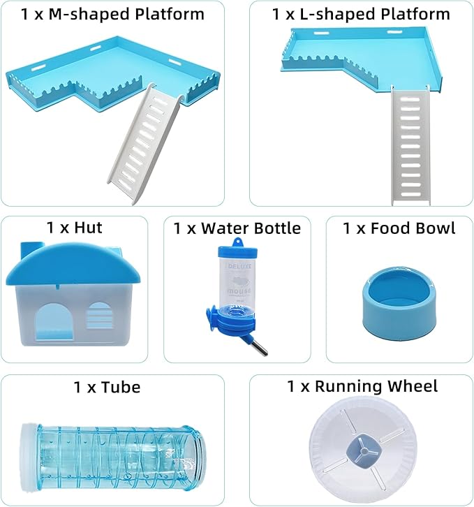 Tfwadmx Dwarf Hamster Cage Small Hamster Habitat Mouse Home Small Animal Cage with Tube Exercise Wheel Hut Rat Habitat for Gerbils Mice 18.5“x11.8”x11.8“ Transparent/Blue