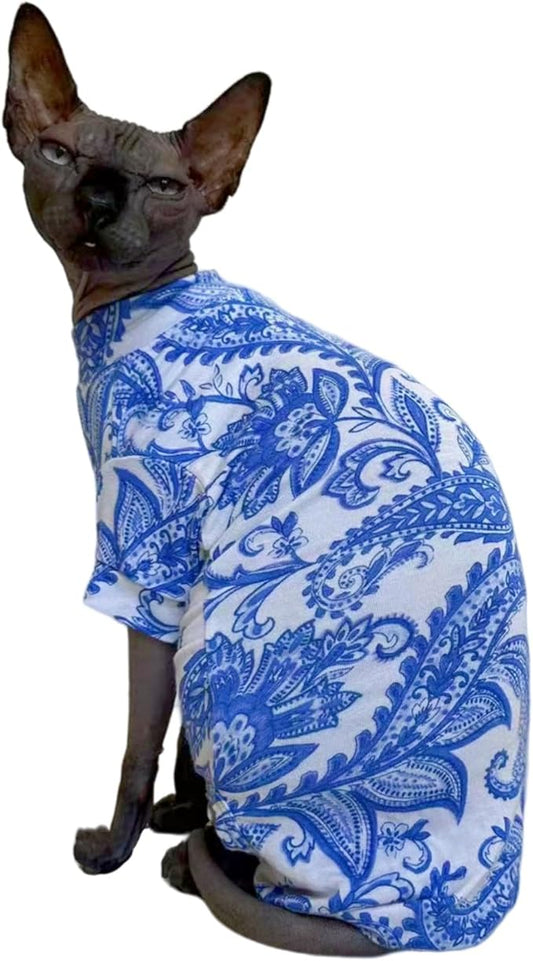 Sphynx Cat Four Leg Cotton Pajamas Elastic Pet Clothes for Hairless Cats Surgery Recovery Suit Undershirt Thermal Clothes for Sphynx, Devon, Cornish (Blue Porcelain, M)